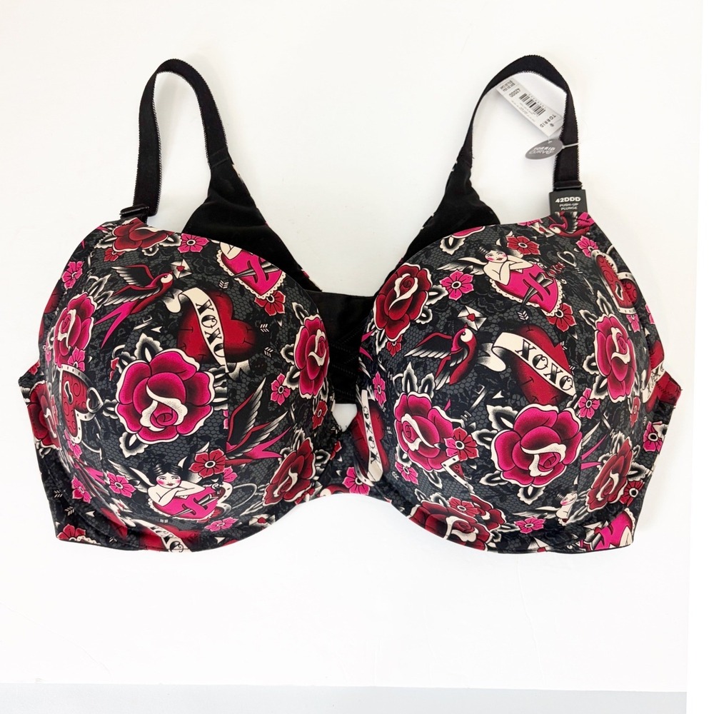 Torrid Curve‎ XO Plunge Push-Up Smooth Bra Sz 42DDD Black Red Rose Tattoo Floral